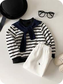 SHEIN 3pcs/Set Unisex Baby Casual Black & White Striped Long Sleeve Top, Pants And Shawl Set, Autumn/Winter Baby Clothes - Multicolor - View 1