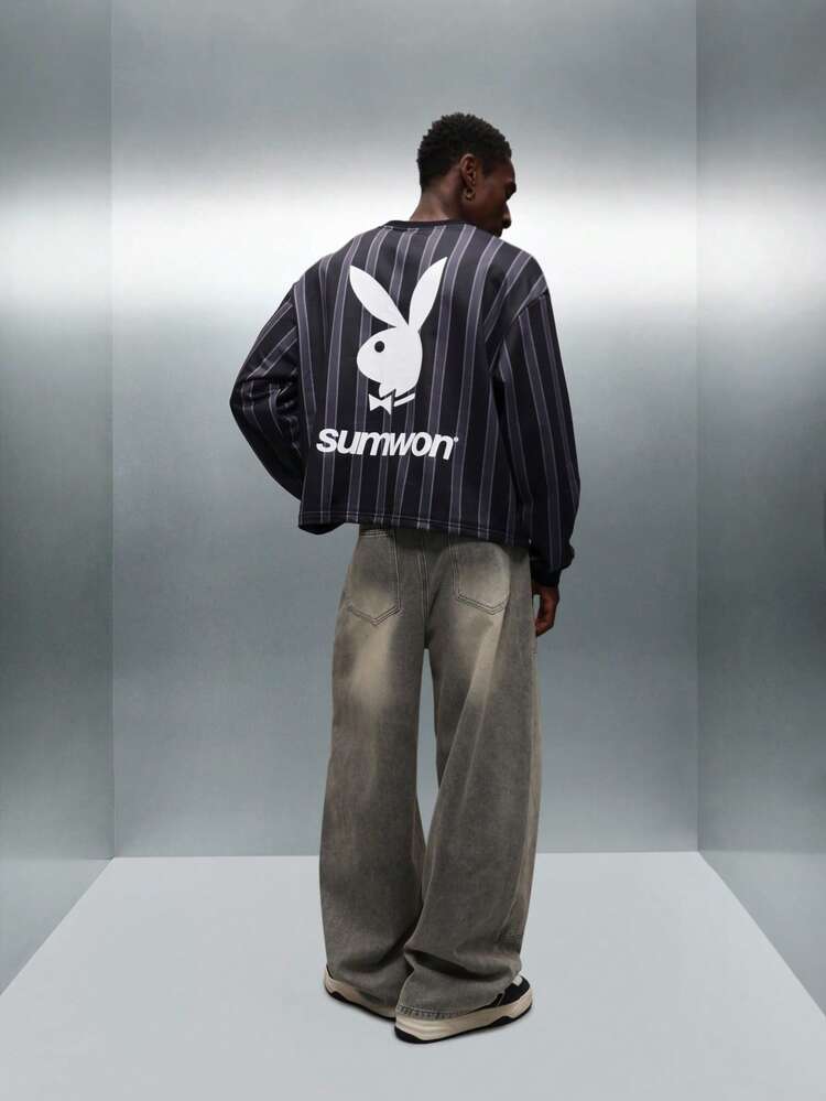 PLAYBOY X SUMWON Boxy Fit Long Sleeve Crew Neck Sweatshirt With Pinstripe Pattern And Brand Graphics