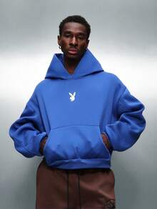 PLAYBOY X SUMWON Crop Fit Oversized Pullover Hoodie With Graphic Print And Centre Pocket - Blue - View 3