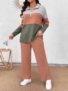 EMERY ROSE Conjunto informal de 2 piezas de camiseta de manga larga con cuello, cremallera y bloques de color de punto suave y pantalones acanalados suaves para tallas grandes - Multicolor - Ver 5