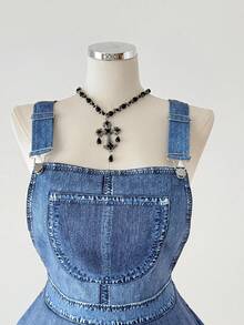 Sunspun Plus Size Autumn/Winter Pocket Elastic Waist Criss-Cross A-Line Knee-Length Denim Effect Print Elegant Vacation/Party Dress For Women