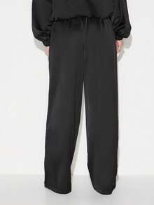 KIZN 女士缎面阔腿裤高腰松紧腰休闲宽松抽绳慢跑裤 - 黑色 - 查看 2