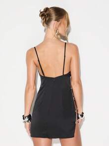 KIZN Sleek Satin Mini Dress With Statement Pin Side Details For Night Out Parties - Black - View 2