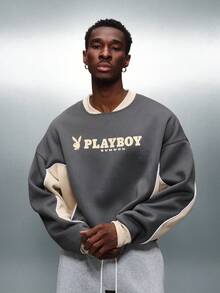 PLAYBOY X SUMWON Crop Fit Bunny Logo Pullover Sweatshirt With Contrast Sleeves And Ribbed Cuffs - Grey - View 3