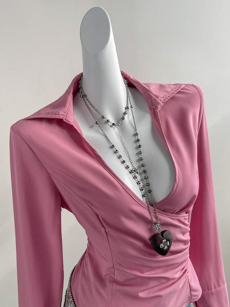 SHEIN Unity Women's Solid Color Casual Commuter Shirt, Early Autumn - Pink - View 1