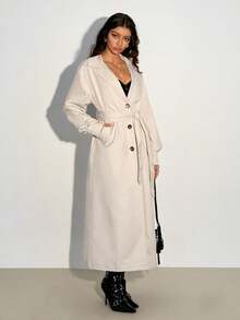 SHEIN Unity 1 件女式风衣，纯色配腰带，单排扣，落肩，泡泡袖，长袖，斜插口袋，简约优雅，适合秋冬季 - 白色 - 查看 4