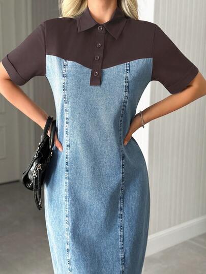 SHEIN Two-Tone Denim Dress, Black Top Panel, Light Wash Denim Bottom, Short Sleeves, Collared Design, Modern Color Block Style, Midi Length, Casual Wear, Cotton Blend Material, Fitted Silhouette, Contemporary Design, Perfect For Day-To-Night, Urban Fashion Style
