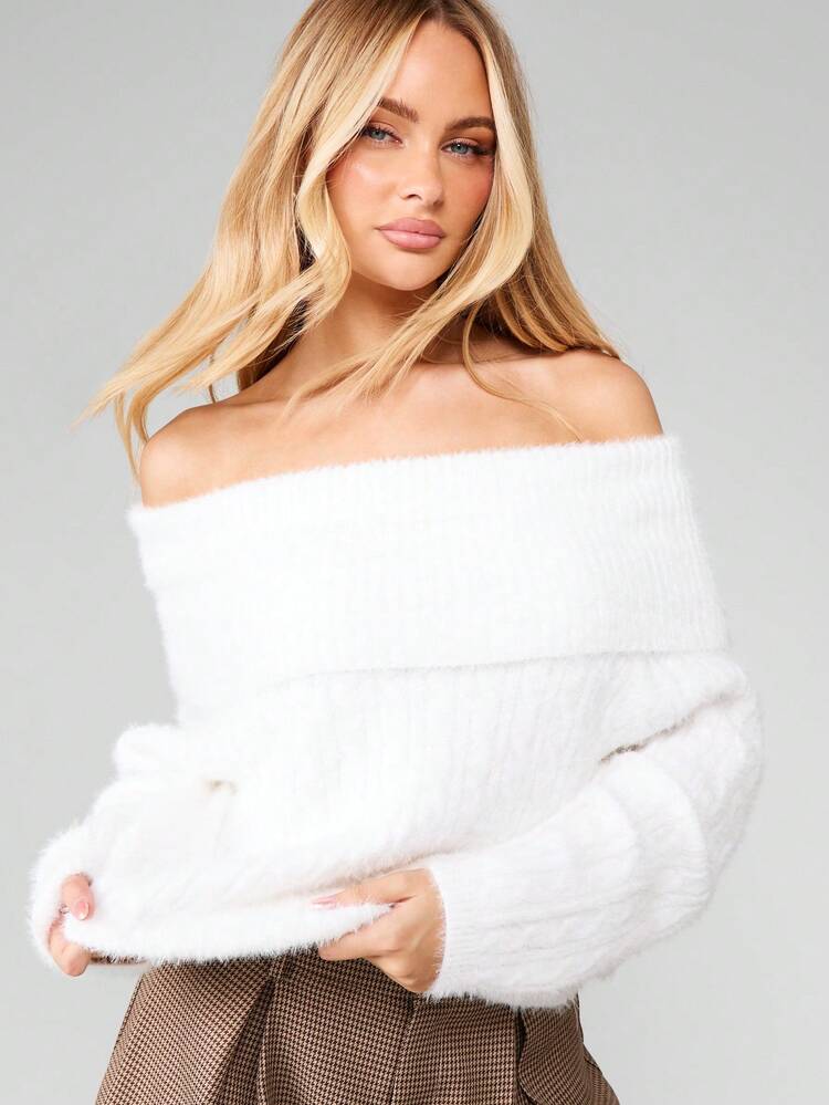 MISSGUIDED Off Shoulder Fuzzy Sweater Long Sleeve Winter Cozy Pullover Fall Fashion Knit Top
