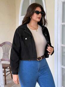 EMERY ROSE Plus Size Casual Commuter Cropped Denim Jacket - Black - View 3