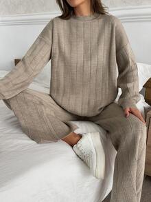 EURMUSE Muted Taupe Textured Knit Co-Ord With Drop-Shoulder Short Sleeve Top And Relaxed Fit Pants Featuring Subtle Vertical Ribbing - Mocha Brown - View 5