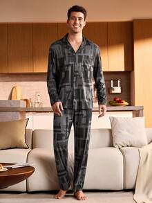 Provexi Provexi Plus Size Men's Button-Up Long Sleeve & Long Pants Pajama Set - Grey - View 3