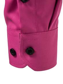 Manfinity Mode Men Color Block Front Button Long Sleeve Pocket Casual Shirt, Pink Men Shirt, Pink And Black Shirt Men, For Fall - Hot Pink - View 3