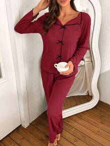 SHEIN Women's Ribbed Brushed V-Neck Bowknot Long Sleeve & Pants Pajama Set, Autumn/Winter Women Pajama Dress Burgundy Pajama Set Button Up Pajama Set Long Sleeve Lounge Set Button Up Pajamas Women Fall Clothes - Burgundy - View 5