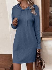 EMERY ROSE Women's Casual Solid Color Hooded Knit Dress, Autumn/Winter - Dusty Blue - View 3