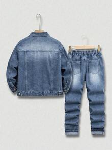 Tween Boys Denim Two Pieces Outfits, Versatile Casual Vintage Washed Denim Set, Suitable For Daily Wear, Outings, School, Commute, Essential For Fashionable Boys Boy Jeans Sets Denim Boys Outfit Jean Set Kids Jeans Jacket Denim Sets For Girls - Medium Wash - View 2