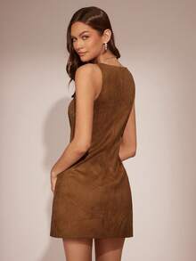 Enchnt Vestido mini sin mangas de ante marrón caramelo con elegantes adornos de flores de strass brillantes, es elegante y con estilo, perfecto para fiestas, citas, vacaciones, graduaciones, la oficina, salidas, Halloween, Navidad y otras ocasiones. Es una opción ideal para vestidos de otoño, conjuntos de otoño, trajes de otoño, carnavales y celebraciones de Año Nuevo para mujeres. - Marrón - Ver 7