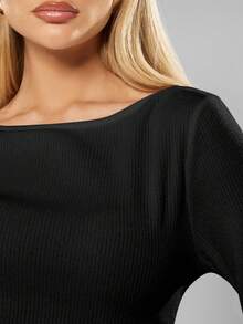 MISSGUIDED Ribbed Long Sleeve Knit Top Boat Neck Pullover Sweater Fall Winter Casual Basic - Black - View 4