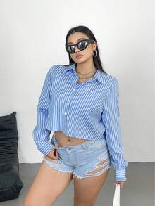 Flirla Korean Style Academic Blue Striped Crop Top Fall Cloth For Women