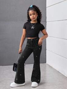 千禧少女春夏度假纯色水洗优雅高腰水钻弹力喇叭牛仔裤，毛边裤脚，夏季海滩波西米亚风度假喇叭裤，夏季音乐会、节日休闲派对、夏季早午餐、教堂毕业典礼、街头风、返校季喇叭裤，低腰宽松星形牛仔裤 - 黑色 - 查看 4