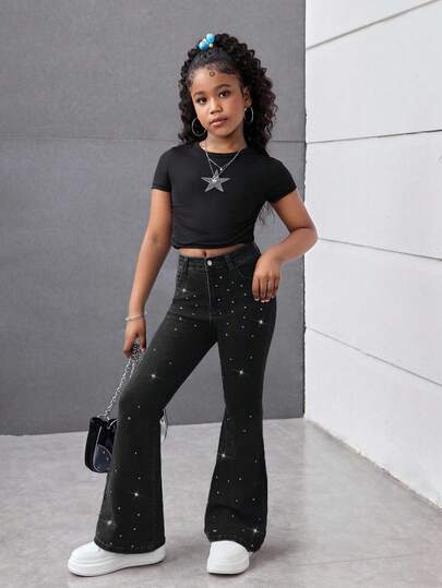 Tween Girl Y2K Spring Summer Break Solid Washed Elegant High Waist Rhinestone Stretchy Denim Flare Leg Jeans With Raw Hem, Summer Beach Boho Vacation Flare Pants, Summer Concert Festival Casual Rave, Summer Brunch Church Graduation,Streetwear,Back To School Flare Pants Low Waisted Flare Baggy Star Jeans For Star Jeans