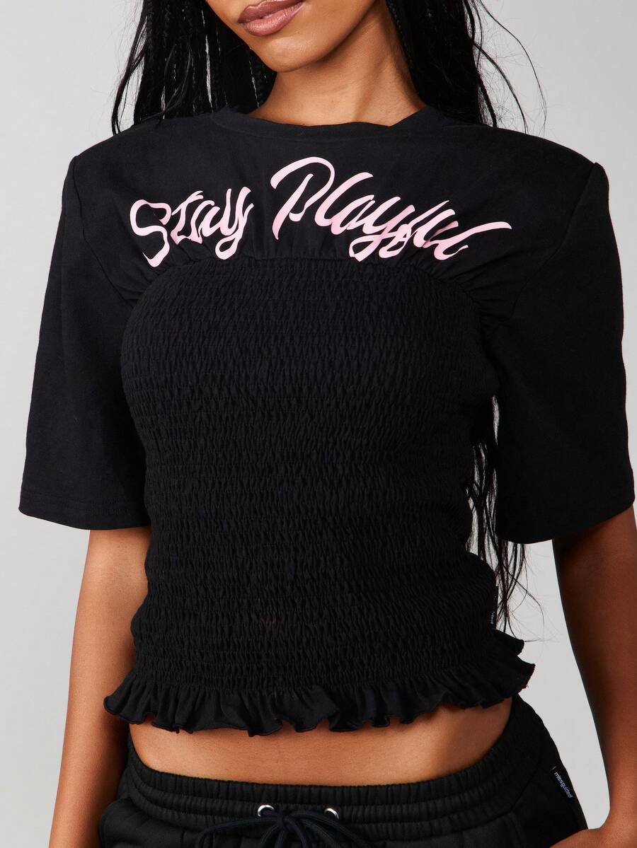 Missguided x Playboy Stay Smocked T-Shirt With Ruffle Hem And Pink Script For Casual Summer Wear - Black - View 1