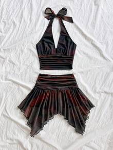 Soleia Women's 2-Piece Set, Casual Vacation Western Beach Wedding Guest Attire, Back To School, Graduation, Brunch, St. Patrick's Day, Spring Break, Easter, Music Festival, Elegant Bohemian Tropical Halter Tie Asymmetric Hem Brown Print, Autumn/Winter