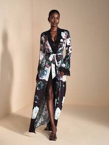 JIAN LASALA Floral Print Satin Silk-Like Elegant Women Loose Maxi Robe With Lace Trim Long Bell Sleeves Luxury Stylish Clothing Collection Floral Robe Curve Robe Mesh Robe Robe Long Sleeve Long Sleeve Robe Women Floral Robe Long Robe - Multicolor - View 4