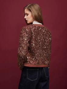 Maija Women's Fashionable Street Sequin Contrast Binding Open Front Coat Autumn For Women Halloween Costumes Christmas Women's New Year - Brown - View 4