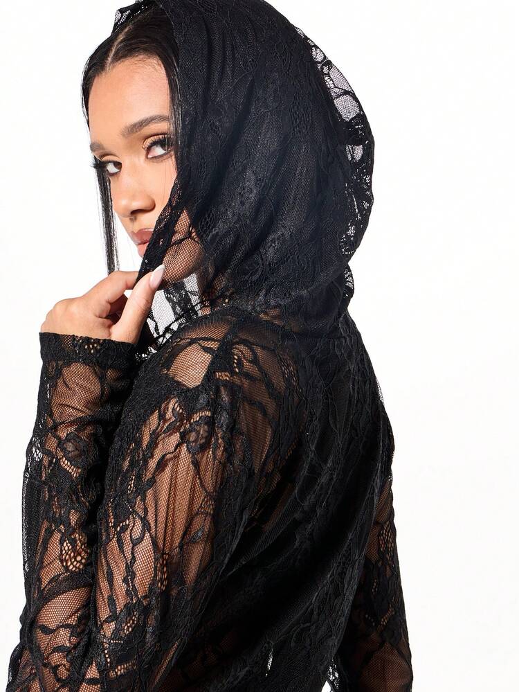 SUMWON WOMEN Top à capuche en dentelle avec fermeture éclair avant et détail de corset à lacets, manches longues, gothique, moulant pour festival