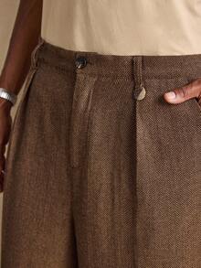 Business Casual AKNOTIC 男士人字纹印花褶裥口袋休闲裤，圣诞派对宴会商务休闲裤，男友节日礼物 - 棕色 - 查看 1