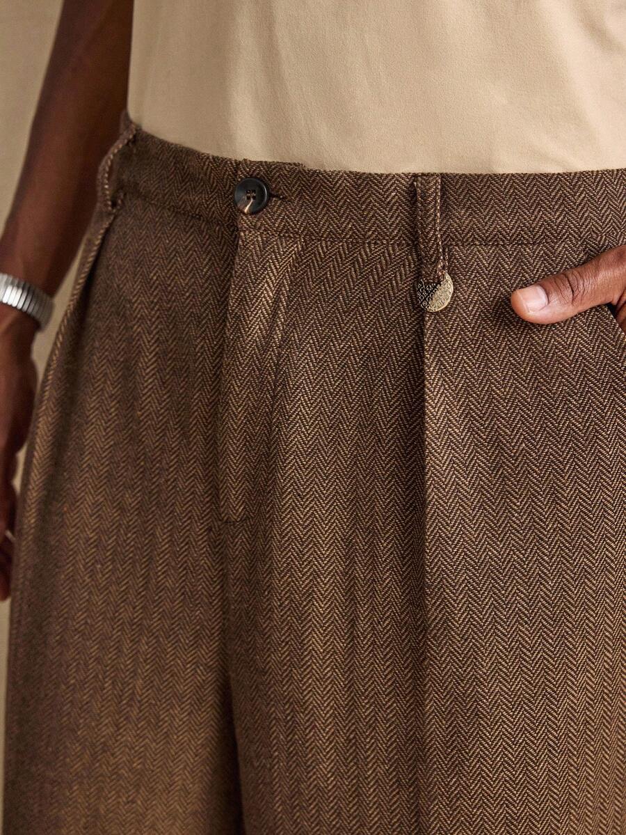 Business Casual AKNOTIC 男士人字纹印花褶裥口袋休闲裤，圣诞派对宴会商务休闲裤，男友节日礼物 - 棕色 - 查看 1