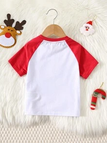 SHEIN 4件套男婴家庭亲子圣诞短袖T恤，可爱卡通印花针织上衣，冬季款 - 彩色 - 查看 2