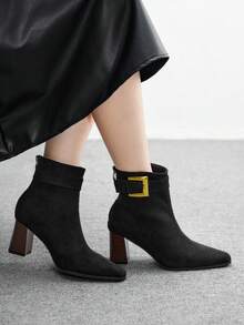 CUCCOO BIZCHIC 畅销金扣绒面革踝靴 - 女式粗跟拉链短靴，时尚百搭的轻奢材质，2双鞋 - 黑色 - 查看 5