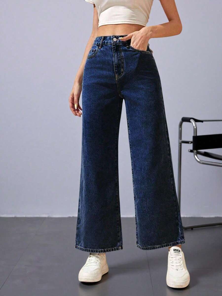 Jeanoix Quần jean denim ống rộng màu trơn có túi - Rửa tối - Xem 1