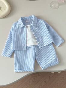 3 件套女婴条纹衬衫、松紧腰裤和吊带背心，春夏 - 藍色 - 查看 9