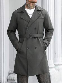 Manfinity Mode 男士街头风 INS 同款黑色纯色防尖领双排扣翻领宽松长袖风衣，纯色休闲风衣，男友老公周年纪念礼物，灰色 - 深灰色 - 查看 6