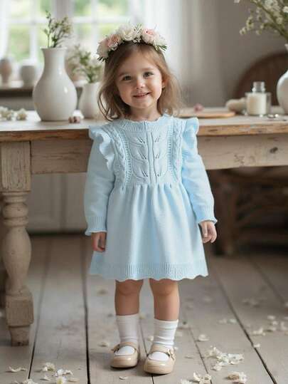 SHEIN Vintaside Kids فستان كنزة صوفية مضفر بأكمام طويلة للبنات الصغار، مريح للخريف/الشتاء، باللون الأزرق، متعدد الاستخدامات للارتداء اليومي الأنيق، مزين بتصميم كشكشة وحبل مجدول، أنيق وعصري، مناسب للمدرسة والاستخدام اليومي والمنزل والخارج والسفر