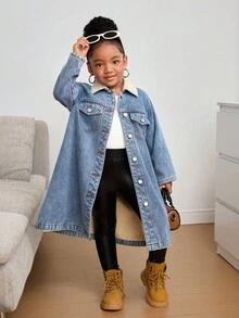 SHEIN Young Girl' Y2K Blue Denim Thermal Lined Lapel Long Sleeve Long Jacket,A Long, Thickened And Fleece Coat,,Fall Clothes,Winter Clothing ,Casual And Fashionable Vacation Outfits,Streetwear,2000s Style  ,Christmas Clothing,Wool-Neck Warm Fleece Denim Jacket - Light Wash - View 4