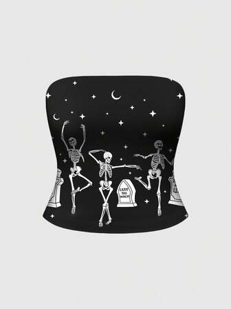 Goth Top court gothique mystérieux et effrayant avec imprimé squelette dansant noir et blanc pour femmes grandes tailles
