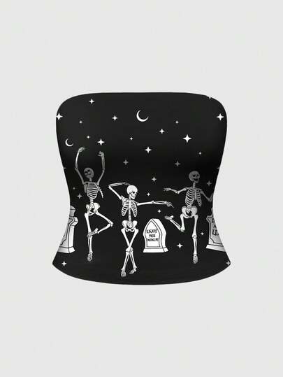Goth Blusa corta de mujer talla grande con estampado de esqueleto bailando, de estilo gótico, misterioso y divertido, en blanco y negro