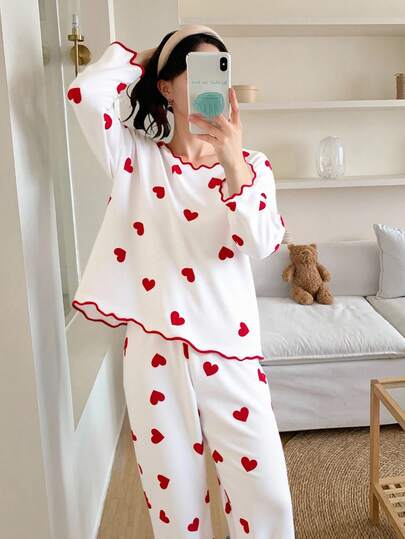 Genkimix Kids 青少年女孩睡衣套装，甜美红心印花白色针织圆领撞色荷叶边长袖上衣和长裤，秋季休闲睡衣