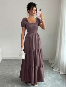 Elenzga 女士优雅长裙，独特领口，多层拼接，荷叶边饰边，修身设计/垂坠/分层/假日装/波西米亚风/浪漫花卉/度假休闲 - 淡紫色 - 查看 3