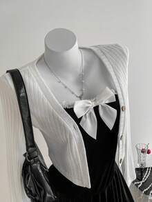 Elamini Bộ đồ hai mảnh váy ngắn chữ A hở lưng phối ren nơ nhung đen kèm áo khoác cardigan dệt kim ngắn hai mảnh, thời trang thu đông cho nữ, phong cách tối giản, đa năng, thanh lịch, cổ điển, trang phục thường ngày cho tiệc tùng - màu đen - Xem 7