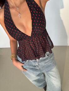 TRNVIE Elegant Polka Dot V-Neck Halter Neck Top For Women, Spring/Summer - Black - View 4