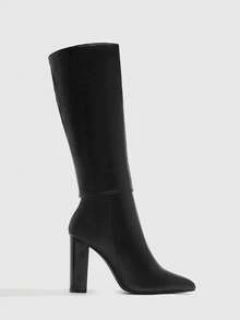 CUCCOO BIZCHIC 高品质黑色及膝靴，尖头粗跟优雅女靴，时尚百搭新设计长靴，展现女性魅力和优雅 - 黑色 - 查看 2