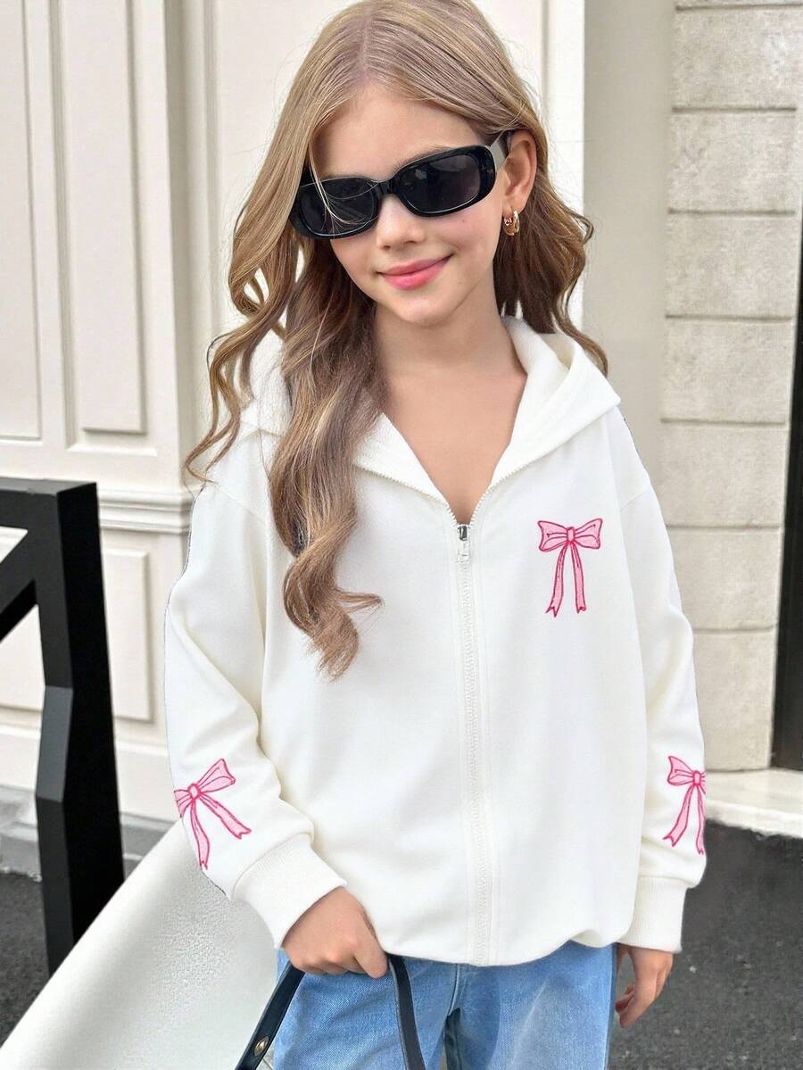 1pc Tween Girl Zip-Up Hoodie Jacket With Butterfly Embroidery Design, Long Sleeve, Drawstring Waist Fall Winter - White - View 1
