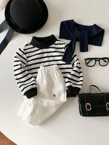 SHEIN 3pcs/Set Unisex Baby Casual Black & White Striped Long Sleeve Top, Pants And Shawl Set, Autumn/Winter Baby Clothes - Multicolor - View 4