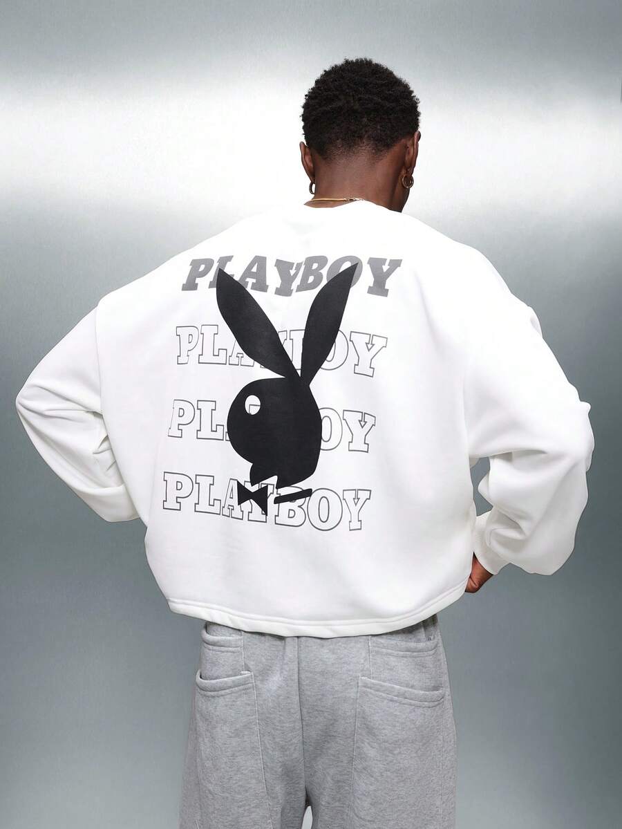 PLAYBOY X SUMWON 短款宽松圆领长袖兔子标志运动衫 - 白色 - 查看 1