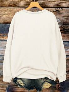 EMERY ROSE JESUS Letter & Leopard Print Minimalist Plus Size Women Plus Size Fleece Crew Neck Long Sleeve Sweatshirt, Gift For Friends, Autumn/Winter - Beige - View 2