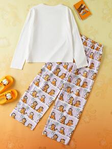 GARFIELD | SHEIN 2 件套青少年女孩针织休闲全身印花圆领长袖上衣和全印花直筒裤睡衣套装 - 白色 - 查看 2